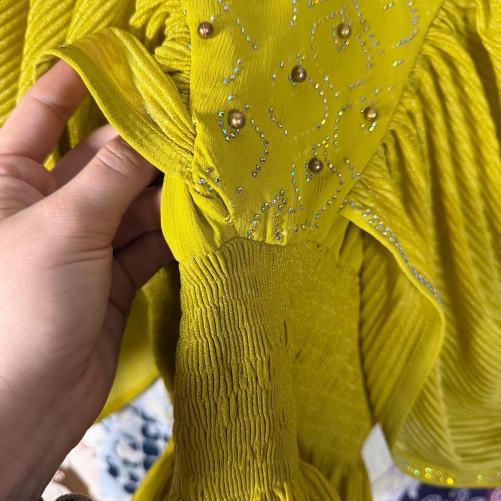 Chartreuse Gold Unique Beaded Whimsy Fairy Bohemian Chic Women's Top Size M - Picture 7 of 16